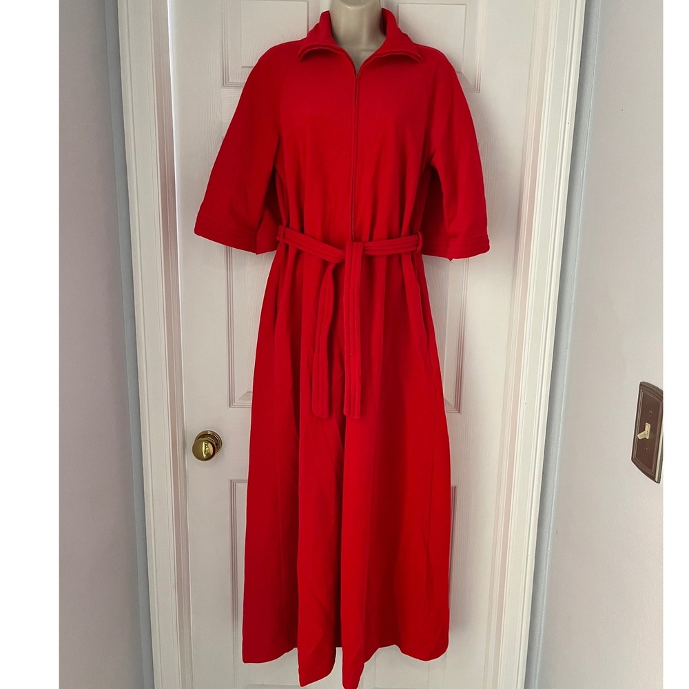 Vintage Henson Kickernick Red Zip Front Maxi Robe Belted House Dress Loungewear